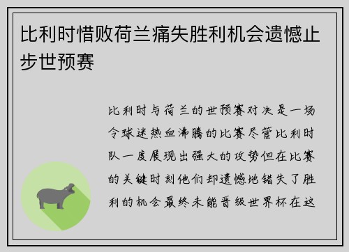 比利时惜败荷兰痛失胜利机会遗憾止步世预赛