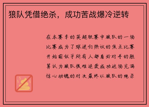 狼队凭借绝杀，成功苦战爆冷逆转