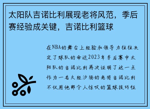 太阳队吉诺比利展现老将风范，季后赛经验成关键，吉诺比利篮球