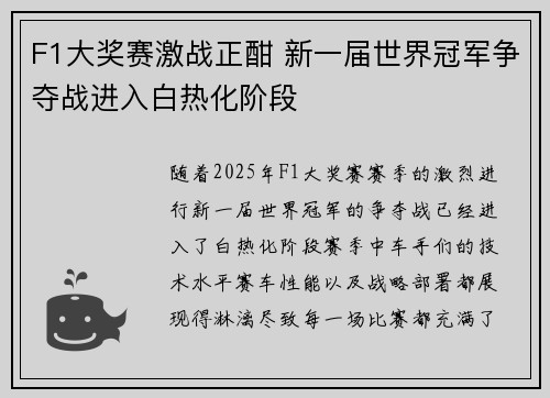 F1大奖赛激战正酣 新一届世界冠军争夺战进入白热化阶段