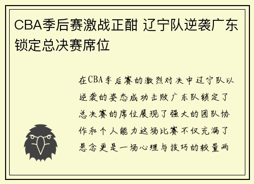 CBA季后赛激战正酣 辽宁队逆袭广东锁定总决赛席位