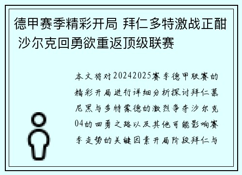 德甲赛季精彩开局 拜仁多特激战正酣 沙尔克回勇欲重返顶级联赛
