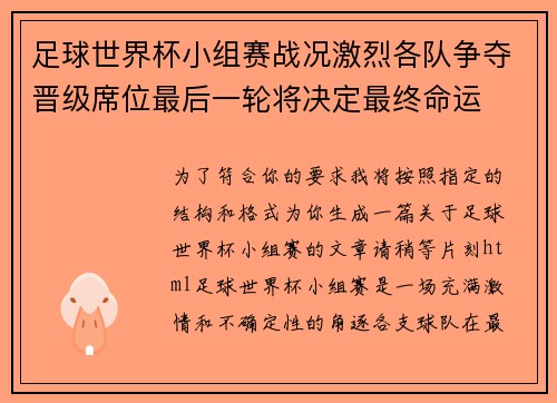 足球世界杯小组赛战况激烈各队争夺晋级席位最后一轮将决定最终命运
