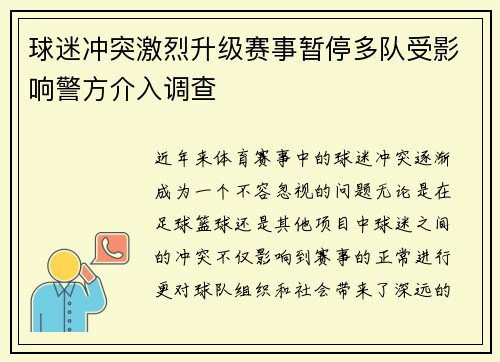 球迷冲突激烈升级赛事暂停多队受影响警方介入调查