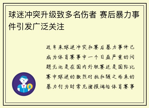 球迷冲突升级致多名伤者 赛后暴力事件引发广泛关注