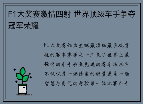 F1大奖赛激情四射 世界顶级车手争夺冠军荣耀