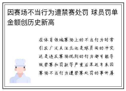 因赛场不当行为遭禁赛处罚 球员罚单金额创历史新高