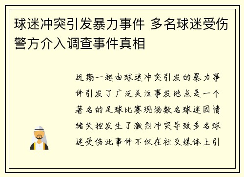 球迷冲突引发暴力事件 多名球迷受伤警方介入调查事件真相